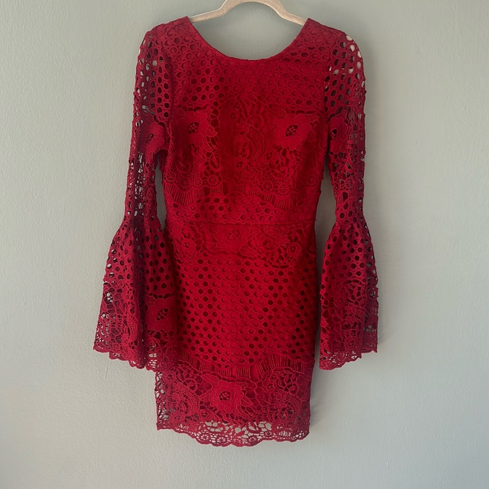 Crochet Cherry Red Mini-dress with Bell Sleeves